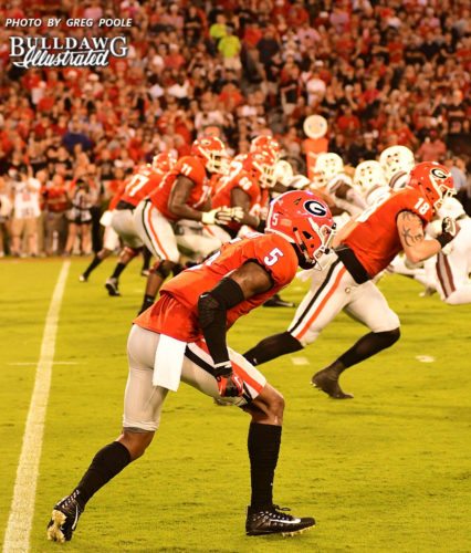 Georgia's Terry Godwin (5) and Isaac Nauta (18) lined up on the right side of the formation for the Bulldogs - UGA vs. Mississippi State - Saturday, September 23, 2017